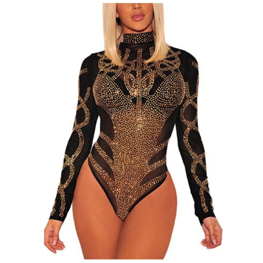 Sexy Rhinestone Sheer Mesh Long Sleeves Bodysuits